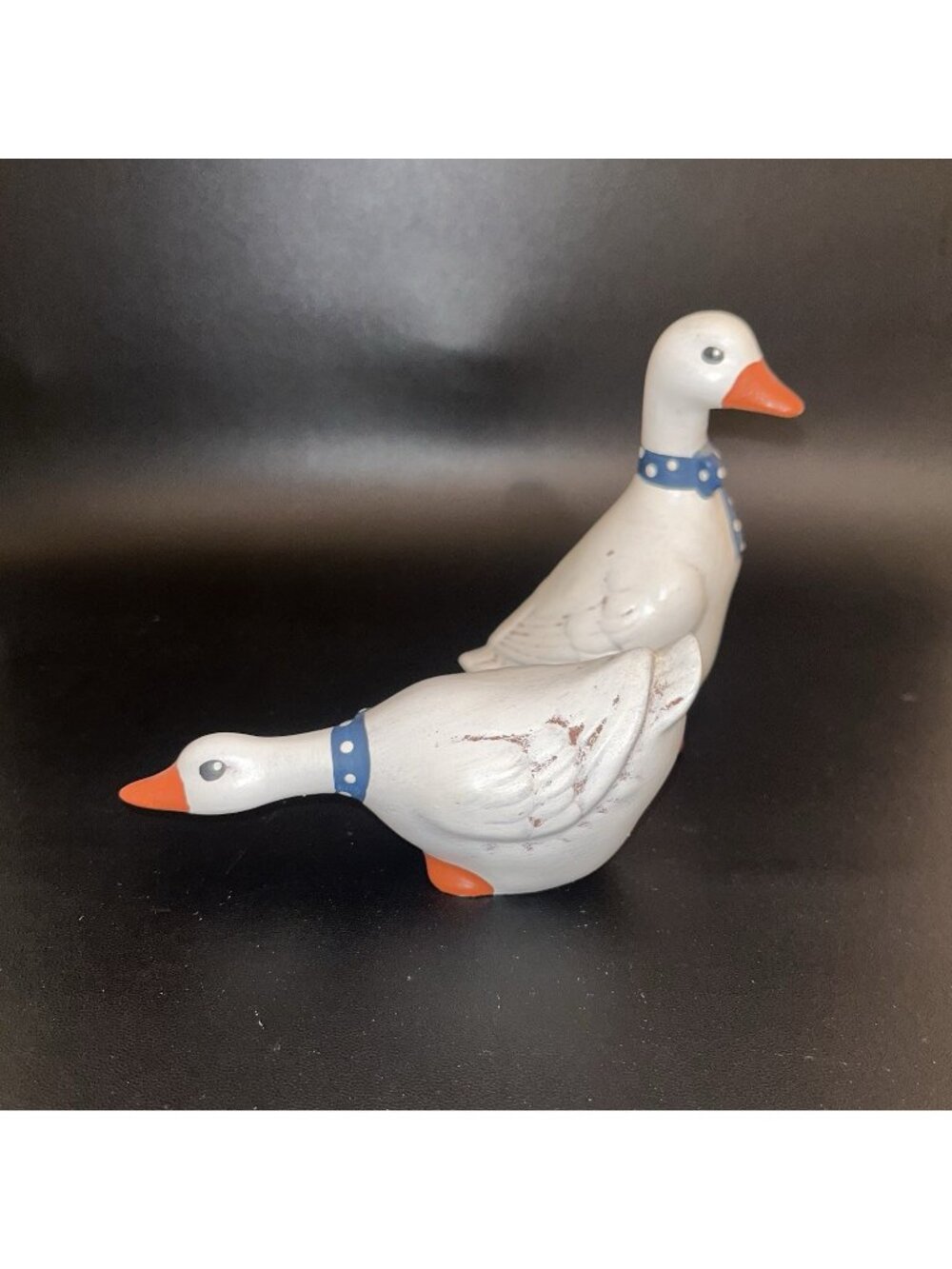 2 Vintage Ceramic Country Geese Ducks Goose Figurines Pair Blue Ribbons 80s 90s
